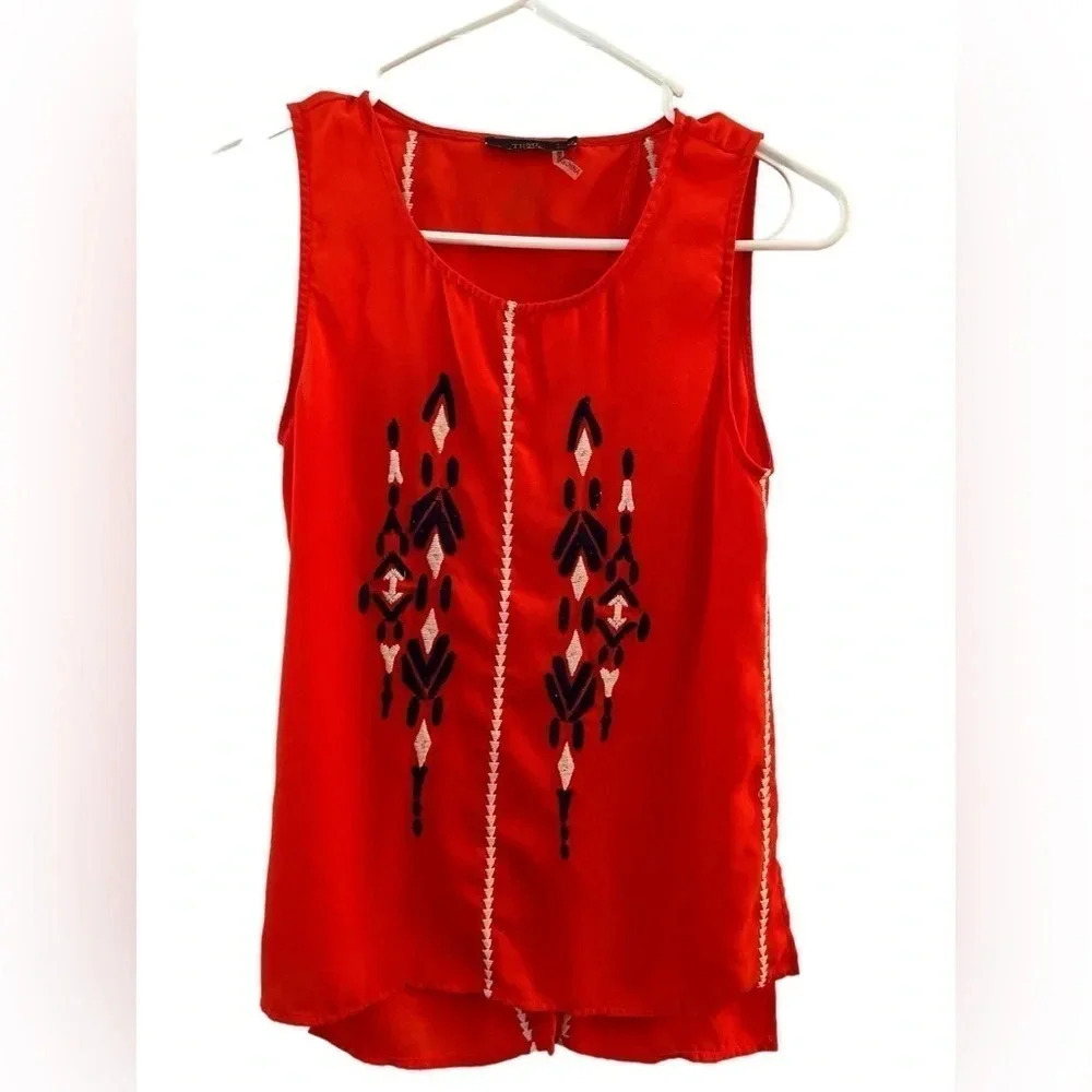 THML Red Tank Blue/white Embroidery, Crossover Back, Womens X-Small